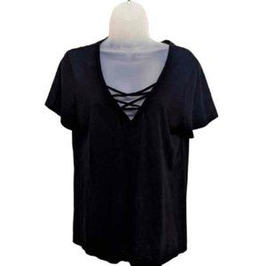 Michael Stars Designer Criss-Cross V Neck Tunic Shirt Black Short Sleeve Size OS
